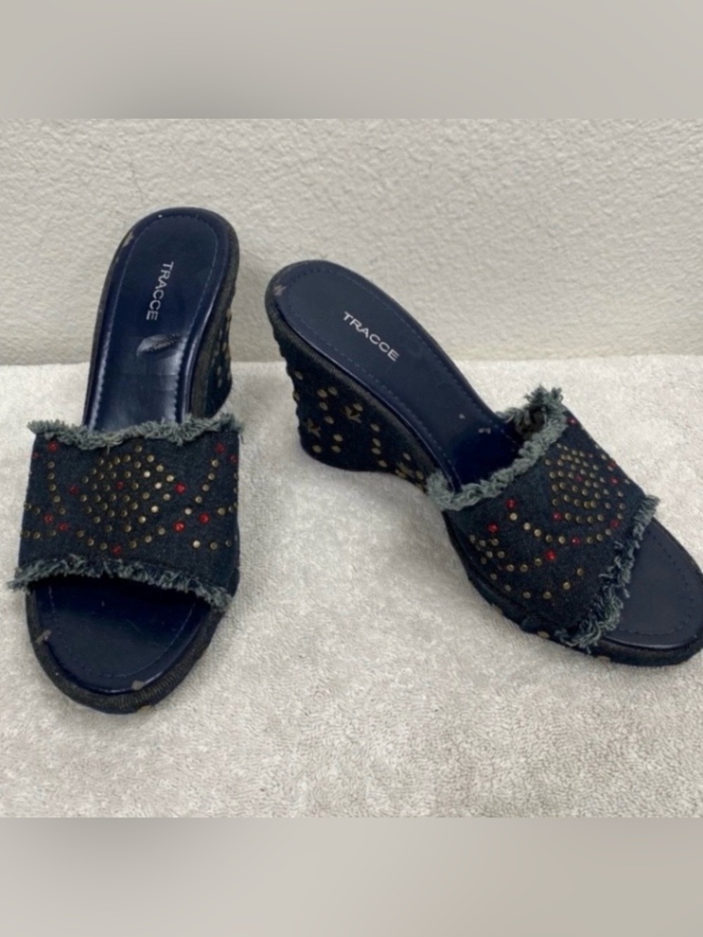 Vintage 90’s Tracee Women Dark Blue Denim Studded Wedge Slide Sandal Size 6 Boho